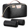 A01 Black 3-in-1 Large Travel Makeup Bag Organizer for Women - Detachable Pouches