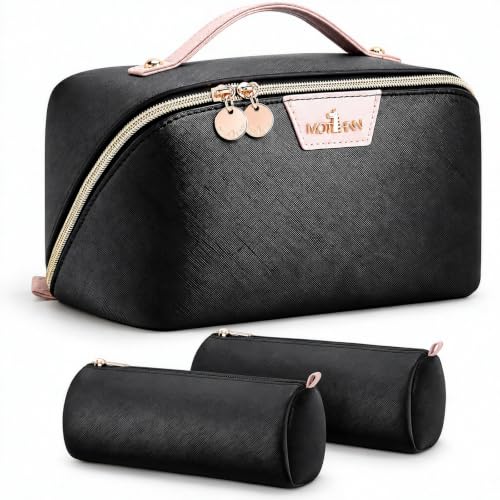 A01 Black 3-in-1 Large Travel Makeup Bag Organizer for Women - Detachable Pouches