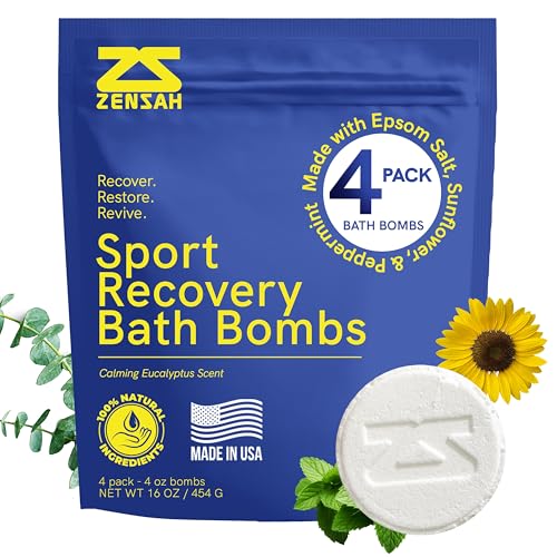 Zensah Eucalyptus Recovery Bath Bombs - Magnesium Epsom Salt for Sore Muscles, Relaxation, 4-Pack