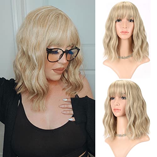 Blonde Wave Short Bob Wig with Air Bangs - Curly Wavy Shoulder Length Cosplay Hair - Mix Blonde and Gold - Variation of THIS listing