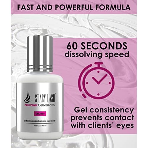 Pure Gel Remover 15ml & Stacy Lash STL-3 Isolation F-Shaped Tweezers/GBL Free/Fast Lash Adhesive Dissolution time - 60 Sec/Precision Stainless Steel Tool/Straight Tips/Professional Supplies