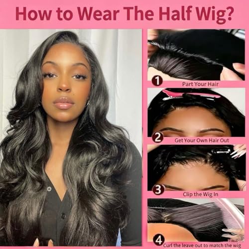 Hunt Charm 18 Inch Body Wave Glueless Half Wig 3-in-1 Human Hair with Drawstring & Headband - BD-1B