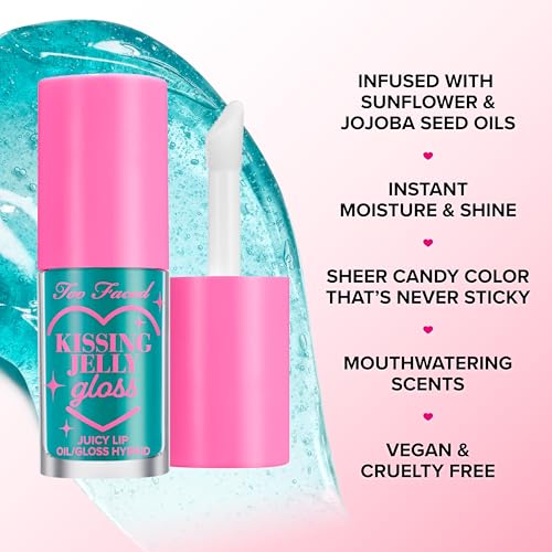 Too Faced Kissing Jelly Lip Oil & Gloss Hybrid - Raspberry (Electric Fuschia) - Hydrating & Shiny Lip Care