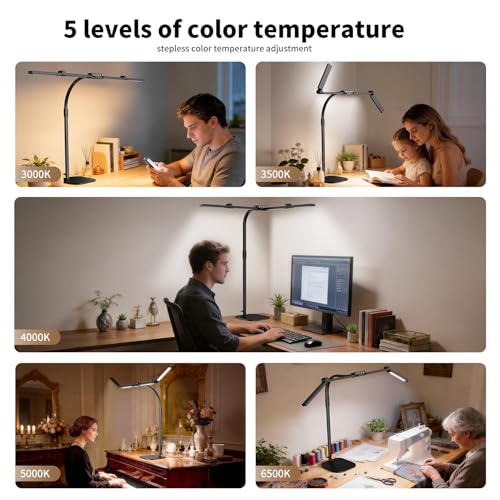 Omorepa Black 4-Light LED Desk Lamp with Adjustable Gooseneck & Base, Bright Overhead Task Lighting for Home Office & Reading