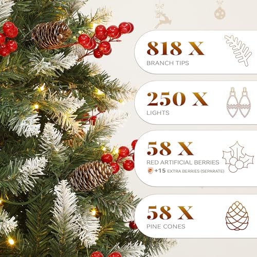 Pre-Lit 6ft Artificial Christmas Tree with Red Berries & Remote Control - Green with Berries