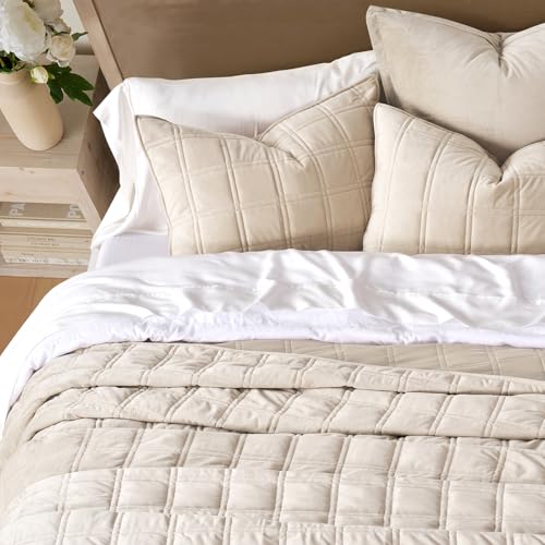 Double Box Stitch Velvet Quilt Set - King Beige Luxurious Bedding with Sham, Oversized