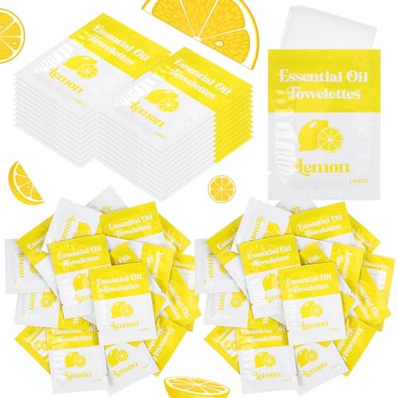 200 Pcs Essential Oil Wipes Wet Wipes Hand Individually Wrapped Wipe Bulk Single Use for Travel Clean Hands Sensitive Skin Backpacking Hypoallergenic Wipe Camping (Lemon)
