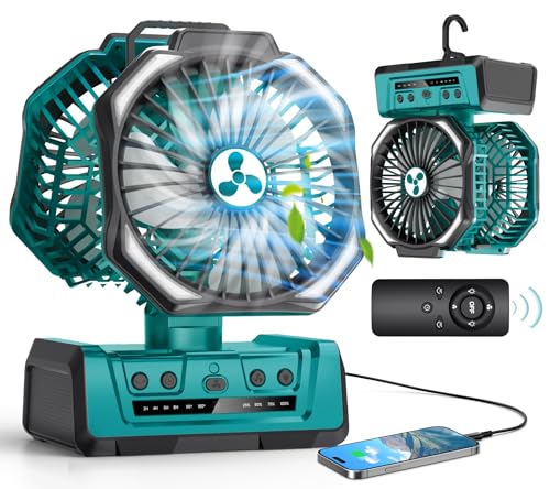 ONLYNEW Green Large Dual Head Portable Rechargeable Fan with LED Lantern & Remote