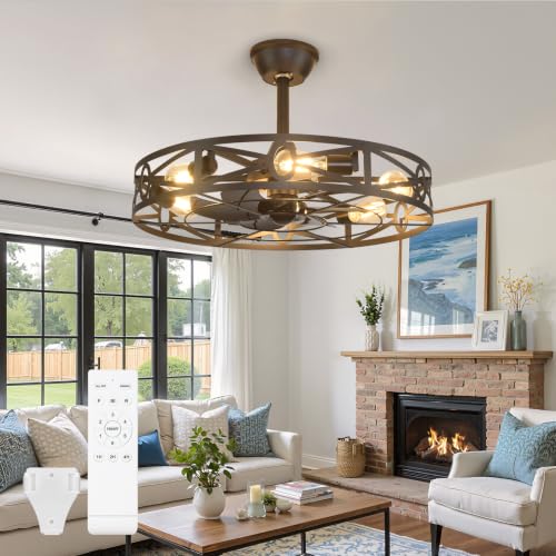 Black 24-Inch Caged Ceiling Fan with Light & Remote - Farmhouse Industrial Style