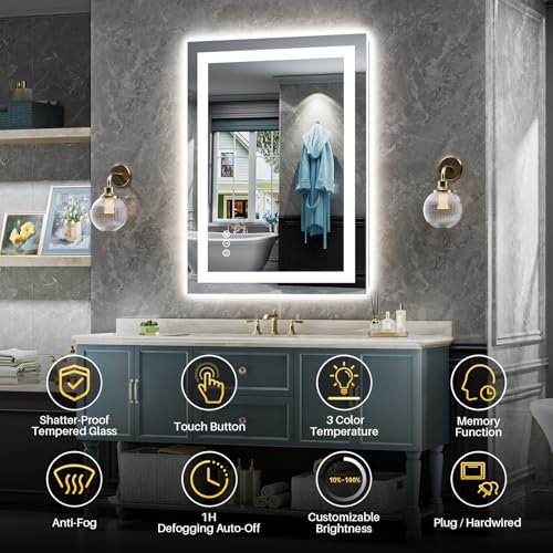 Backlit & Front Lit 24x32 Inch LED Bathroom Mirror - Anti-Fog Wall Vanity with Adjustable Lighting & Memory
