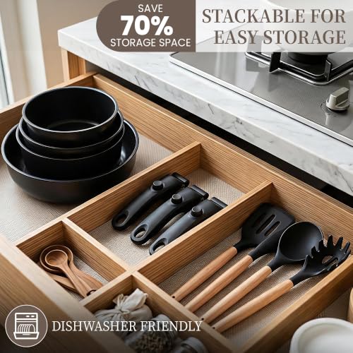 Chefocus 20-Piece Ceramic Nonstick Cookware Set with Detachable Handles, Induction Ready, Space-Saving Stackable