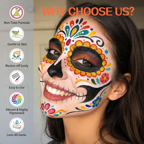 Face Body Paint Kit for Kids Adults-Washable 18 Colors Face Painting Kit with 10 Brushes, Non-Toxic, Skin Safe, Water-Activated Facepaint Palette for Halloween Makeup Cosplay Costume Party