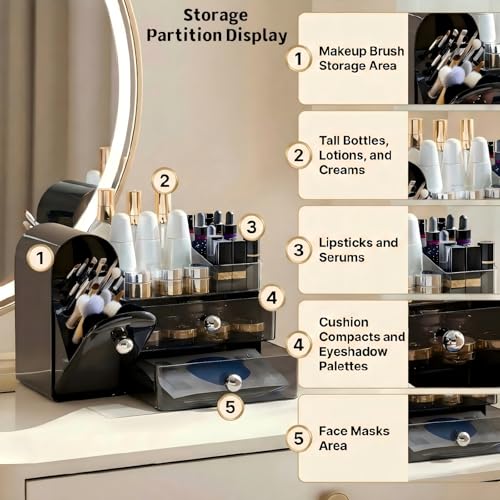 RONGZHIERK Makeup Organizer for Vanity with Brush Holder (Black) – Large Cosmetic Storage