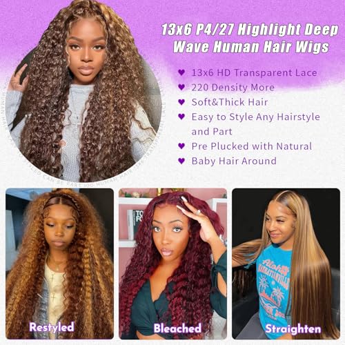 Honey Blonde Highlight Lace Front Human Hair Wig 18 Inch Deep Wave 13x6 - Vari of 18 Inch / 4/27 Highlight