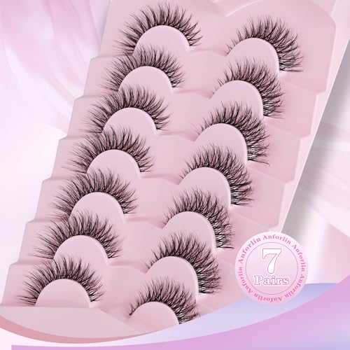Natural Lashes Cat Eye Lashes 13mm Clear Band False Eyelashes Wispy Eyelashes Natural Look 3D Strip Lashes Soft faux Mink Eyelashes Pack 7 Pairs