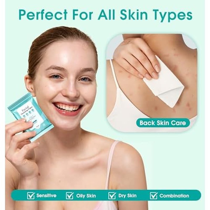 Facial Cleansing Wipes, Tea Tree Oil Extract for Face Cleansing, Salicylic Acid for Acne Treatment, Hydrating Pore Care for Sensitive Skin, Exfoliating & Soothing Double-Sided Cleansing Wipes (56PCS)