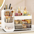Makeup Organizer with Brush Holder for Vanity, Countertop Organizer with Drawers, Skincare Cosmetic Display Case for Beauty Essentials, Women Bathroom Make up Storage Solution for Dresser Counter