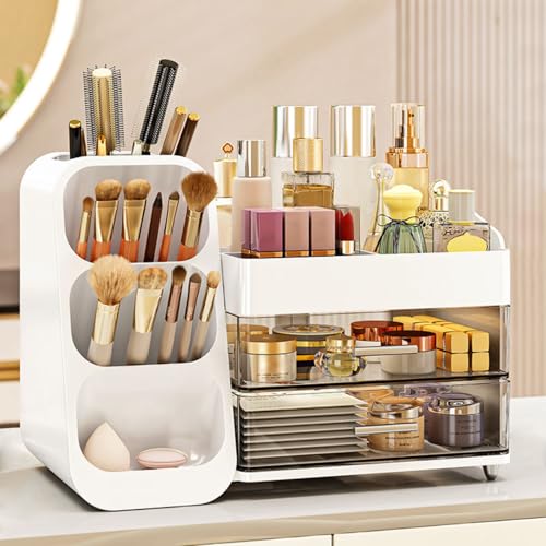 Makeup Organizer with Brush Holder for Vanity, Countertop Organizer with Drawers, Skincare Cosmetic Display Case for Beauty Essentials, Women Bathroom Make up Storage Solution for Dresser Counter
