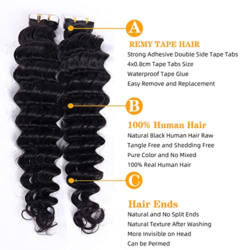 Deep Wave Tape-In Hair Extensions 16 Inch - 20pcs/Pack, 50g, Seamless Human Hair with Reusable Tape - Variation #1B-DW 50