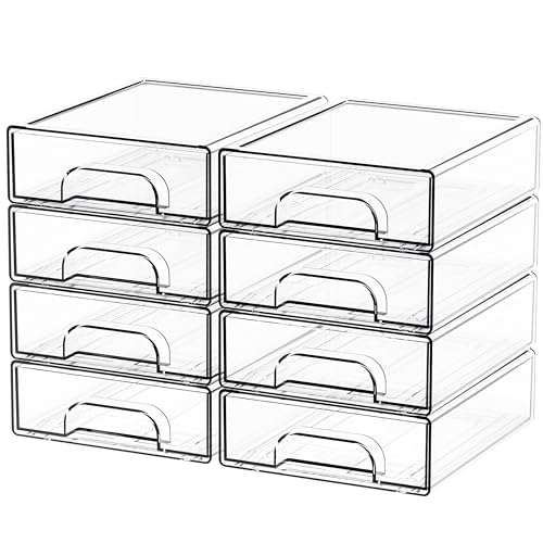 Small Clear Stackable Storage Drawers - 8 Pack, 2.2 Inch Tall Desk Organizer Set