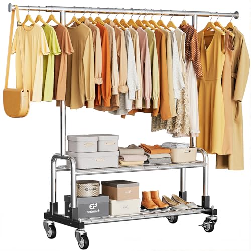 Heavy Duty Clothes Rack with 2 Shelves - Silver, Load 600LBS, Adjustable Height
