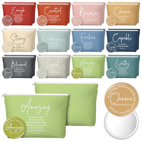 Geelin 24 Sets Christian Gifts Bulk Religious Canvas Makeup Bags with Bible Verse and Compact Mirrors Inspirational Gift for Women Teacher Staff Coworker Church Ladies Easter Holiday Gifts (Classic)