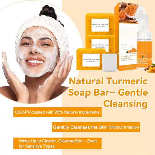 Turmeric Face Wash with Brush, Turmeric face wash & Turmerics Soap Set, Turmerics Facial Cleanser and Organic Skin Care Soap Set for Facial Deep Cleansing and Body Skin Care