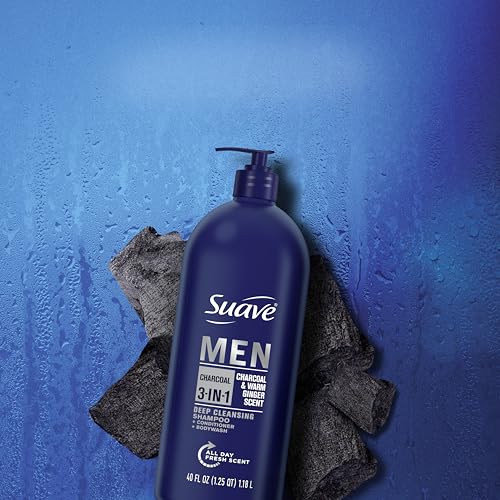 Suave Men Shampoo Conditioner Bodywash 3 in 1 Charcoal &Warm Ginger to Cleanse and Nourish Hair and Skin, 40 oz Pack of 3