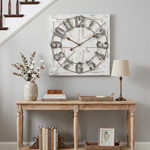 EMAX HOME 24-Inch White Square Farmhouse Wall Clock with Reversible Wooden Sign