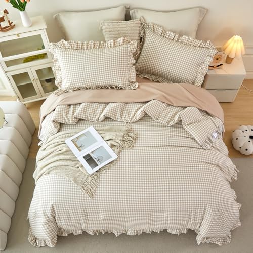 Full Tan Gingham Comforter Set 5 Pieces Vintage Ruffled Bedding