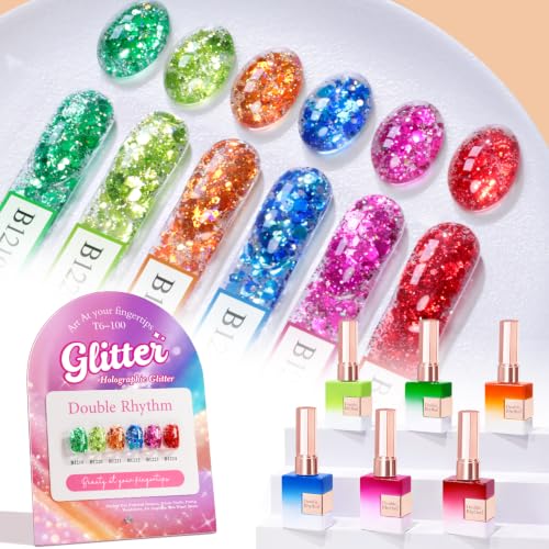 Double Rhythm Holographic Glitter Gel Nail Polish Set of 6 - Cat Eye Magnetic Full Size