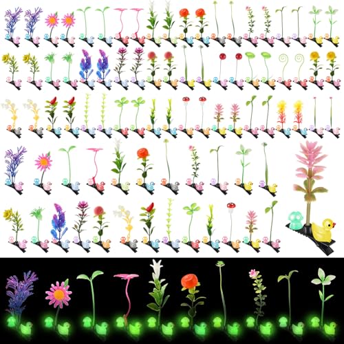 Glow in the Dark Rave Hair Clips Set - 100 Colorful Duck & Plant Clips for Festival & Party