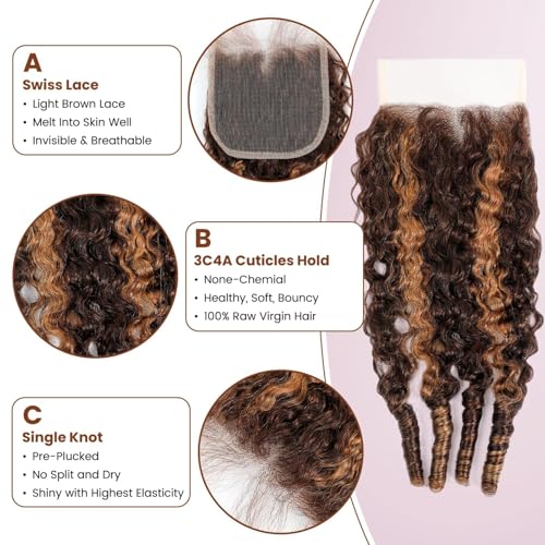 ALHER Honey Blonde Burmese Curly Lace Closure 14 Inch 4x4 Highlighted Human Hair