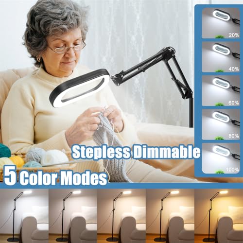 IVMAIE 12X Magnifying Glass with Light & Stand - Black, 5 Color Modes Dimmable LED, Hands-Free Floor & Clamp Lamp, Reading & Crafting
