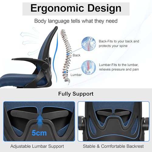 Primy Navy Ergonomic Office Chair with Flip Armrests, Adjustable Lumbar & Height