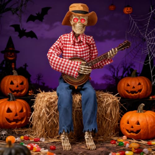 Halloween Animatronics Skeleton with Banjo - Sound & Light Activated Decor - Variation of Banjo Playing Skeleton