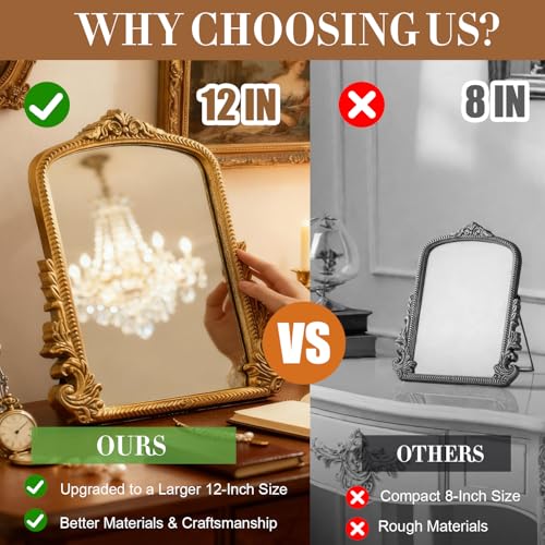 YUSONG Vintage Desk Mirror 11.4" x 9.2" Gold Antique Tabletop Mirror with Resin Frame