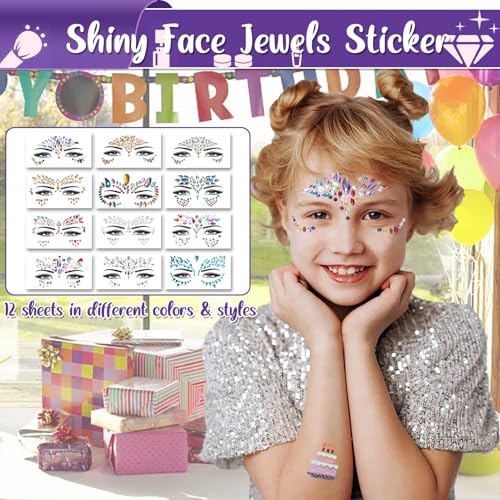 Kids Glitter Tattoo Kit with 50 Colors, 128 Stencils, Face Jewels & Accessories