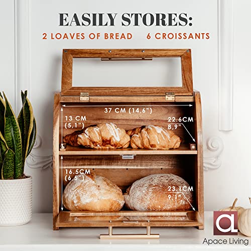 Apace Living Umber Acacia Wooden Extra Large 2-Shelf Bread Box for Kitchen Countertop