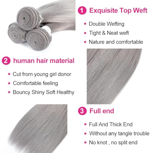 Pure Grey Sliver Human Hair Bundles - Straight Wave Brazilian Extensions 20/22/24 Inch