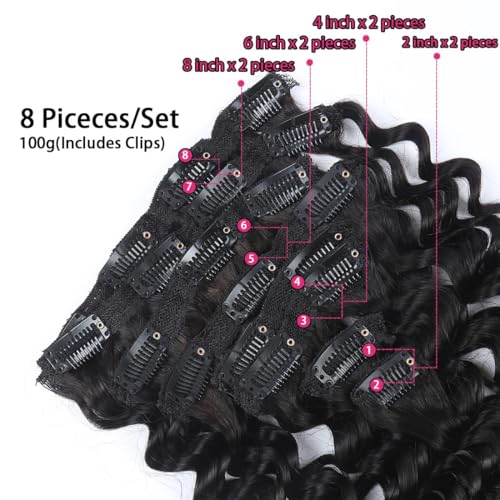 Clip-In Hair Extensions 16 Inch Remy Human Hair Deep Wave Curly Black 8Pcs 100g Variation of THIS listing