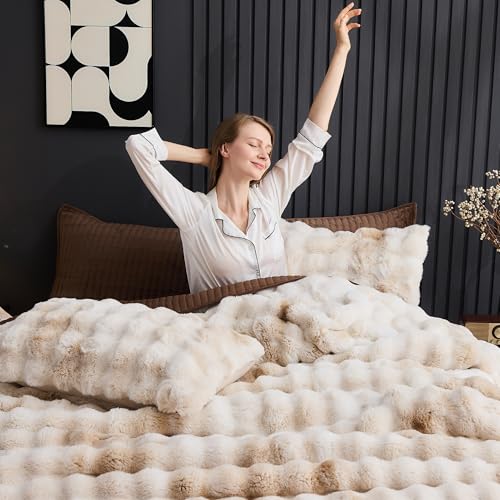 Wonderful Faux Rabbit Fur Queen Comforter Set Tie Dye Beige Plush Bedding Winter