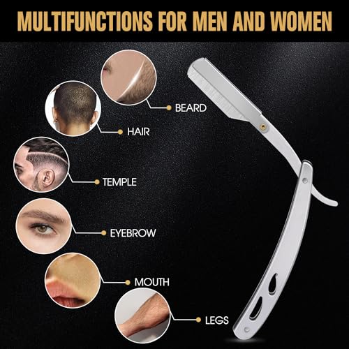 TSMADDTS Professional Straight Razors Kit with Silver Straight Blade Razor, 20-Pack Single Edge Blade, Scissors, Tweezers, Leather Holder