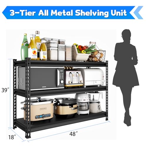 48-Inch Heavy Duty Garage Shelving Unit - Black, 1500LBS Load Capacity, Adjustable 3-Tier Metal Storage Rack
