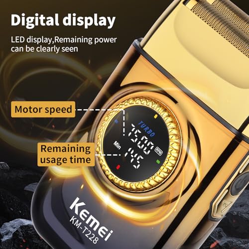 KEMEI KM-T228 Foil Shaver, Electric Razor for Men with Round Large LED Display (Motor Speed & Remaining Time), 3-Speed (6500/7000/7500 RPM), USB-C Charging, Dual Foil & Blade Heads, Travel Razor Men
