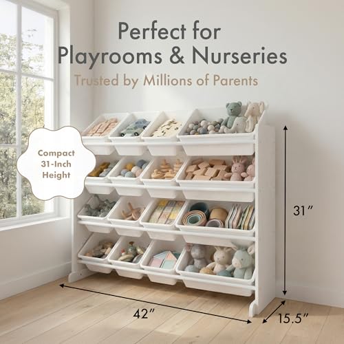 Humble Crew Kids Toy Organizer with 16 Bins - White/White, 4-Tier Storage