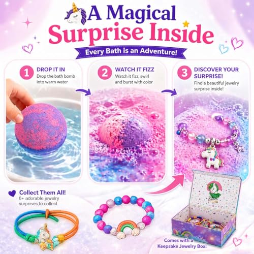 Unicorn Bath Bombs for Kids with Surprise Jewelry - 6 Pack, Organic & Scented