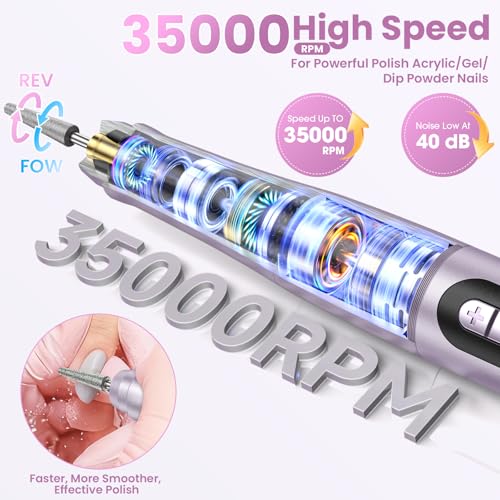 Cordless Nail Drill with LCD Display - 35000RPM Rechargeable Manicure & Pedicure Tool - Purple