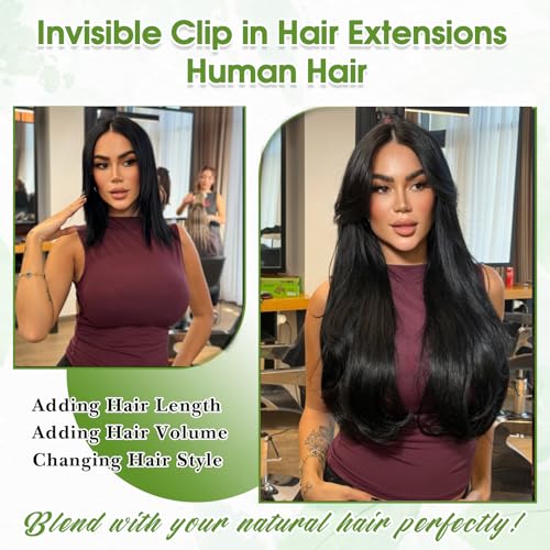 TOHASI Natural Black 1B# 18 Inch Human Hair Clip-In Extensions - Seamless, Tangle-Free, Easy to Apply