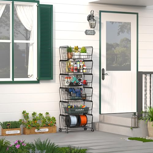 PUSDON Matte Black 6-Tier Stackable Wire Storage Cart with Lockable Wheels